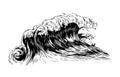 Monochrome drawing of sea or ocean wave with foaming crest. Oceanic storm, tide, seawave hand drawn with black contour