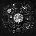 Monochrome drawing: stylized Solar system, orbits, planets, space structure.