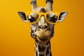 Monochrome elegance meets a fashion forward giraffe adorned in yellow sunglasses