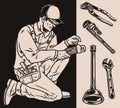 Monochrome elements set with plumber Royalty Free Stock Photo