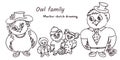 Monochrome family of cartoon Owls in line art style on white background. Dad, mom, kids, boys and girl Owl dooddle. set Royalty Free Stock Photo