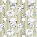 Monochrome fast food icons set seamless pattern