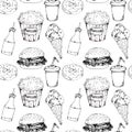 Monochrome fast food icons set seamless pattern