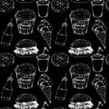 Monochrome fast food icons set seamless pattern