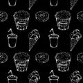 Monochrome fast food icons set seamless pattern