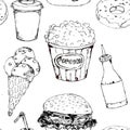 Monochrome fast food icons set seamless pattern