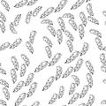 Monochrome feather pattern. Seamless sketch style design. Black outline on a white background. Repeat flying plume. textiles