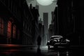 Monochrome film detective illustration with vintage cars, black and white noir detective. AI generated