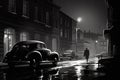 Monochrome film detective illustration with vintage cars, black and white noir detective. AI generated