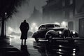 Monochrome film detective illustration with vintage cars, black and white noir detective. AI generated