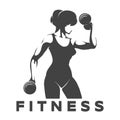 Monochrome Fitness Emblem with Training Woman Holds Dumbbells