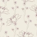 Monochrome floral pattern with contour lilies on a beige background. Seamless monochrome textile vector print