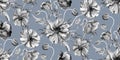Monochrome floral seamless pattern with black and white poppies painted in watercolor