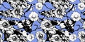 Monochrome floral seamless pattern with chamomile. White flowers and leaves on blue background. Hand drawn. For design