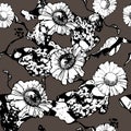 Monochrome floral seamless pattern with chamomile. White flowers and leaves on gray background. Hand drawn. For design Royalty Free Stock Photo