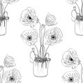 Monochrome floral seamless pattern with hand drawn poppy flowers inside mason jar on white background. Stock vector Royalty Free Stock Photo