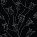 Monochrome floral seamless pattern with hand drawn tulip flowers on black background. Stock vector Royalty Free Stock Photo