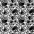 Monochrome floral seamless pattern with petunia. Black flowers and leaves on white background. Hand drawn vector illustration. Royalty Free Stock Photo