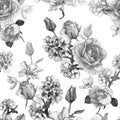 Monochrome floral seamless pattern with watercolor roses, penies and white flowers Royalty Free Stock Photo