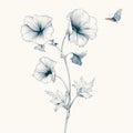Monochrome Flower Drawing With Blue Leaves And Butterfly Royalty Free Stock Photo