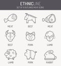 Monochrome food icons in linear ethnic style