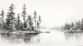 Monochrome Forest: A Captivating Black And White Sketch Of Pine Trees Along Water Royalty Free Stock Photo