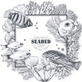 Monochrome frame with space for text and hand drawn underwater natural elements - reef corals and swimming exotic fish