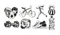 Monochrome Fruits And Vegetables In Shape Of Shoe, Heart, Bicycle, Running Sportsman, Dumbbell, Scales and Water Bottle