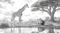 Lion and Giraffe in African Savannah Sketch - Wildlife Watering Hole Royalty Free Stock Photo