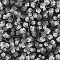 Monochrome gray plants, leaves of branches and flowers, drawing in pencil illustration, seamless pattern