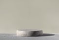 Monochrome gray template for mockup, banner. Flat round granite pedestal on textured background. Stone stand for natural design