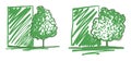 Monochrome green trees silhouette line art sketch isolated vector