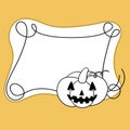 Monochrome Halloween frame with Curls, Pumpkin laughs, Copy space, Vector cartoon