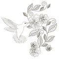 Monochrome hand drawn decorative floral element, hummingbird for coloring page, print, tattoo Royalty Free Stock Photo