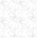Monochrome hand drawn holly seamless pattern, leafs, berry on black