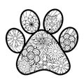 Monochrome hand drawn zentagle illustration of dog paw print. Coloring page isolated on white background. Boho style Royalty Free Stock Photo