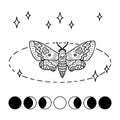 Monochrome Hawk moth acherontia atropos butterfly moon phases pattern. Perfect design for magic craft. Hand drawn vector