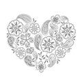 Monochrome heart shape with mehendi flowers and leafs isolated