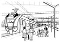Monochrome horizontal sketch with people, passengers waiting arrival suburban electric train. Hand drawn vector