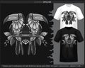 Monochrome Hornbill bird mandala arts isolated on black and white t shirt Royalty Free Stock Photo