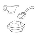 Monochrome icon set, ceramic plate with cottage cheese, spoon with sour cream, vector cartoon