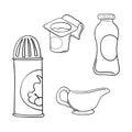Monochrome icon set, dairy products, whipped cream packaging, yogurt, cartoon vector Royalty Free Stock Photo
