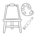 Monochrome icon set, drawing tools, wooden easel with paints and brushes, vector cartoon Royalty Free Stock Photo