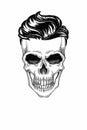 Monochrome illustration barbershop of skull with beard, mustache, hipster haircut and on white background, cartoon, angry,