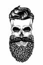 Monochrome illustration barbershop of skull with beard, mustache, hipster haircut and on white background, cartoon Royalty Free Stock Photo