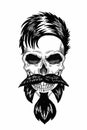 Monochrome illustration barbershop of skull with beard, mustache, hipster haircut and on white background, cartoon Royalty Free Stock Photo