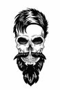 Monochrome illustration barbershop of skull with beard, mustache, hipster haircut and on white background, cartoon Royalty Free Stock Photo