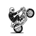 Monochrome illustration of a biker performing a wheelie on a motorcycle Royalty Free Stock Photo