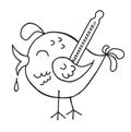 Monochrome illustration of bird with thermometer sick with bird flu