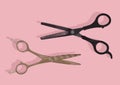 Monochrome illustration of chrome barber scissors. Isolated on pink background Royalty Free Stock Photo